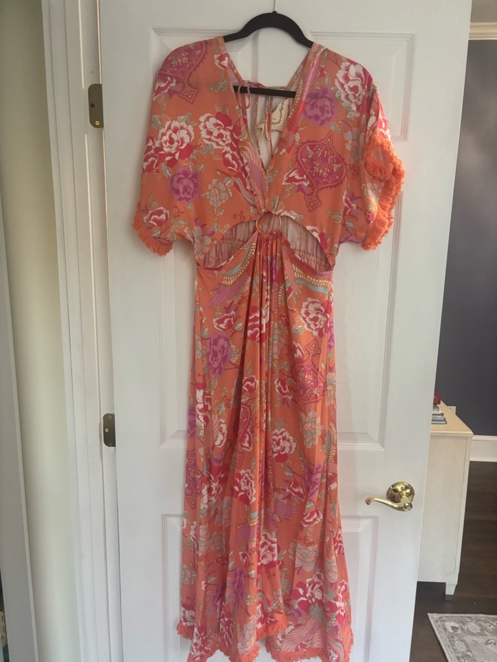 Floral Orange Maxi Dress with Front Cutout